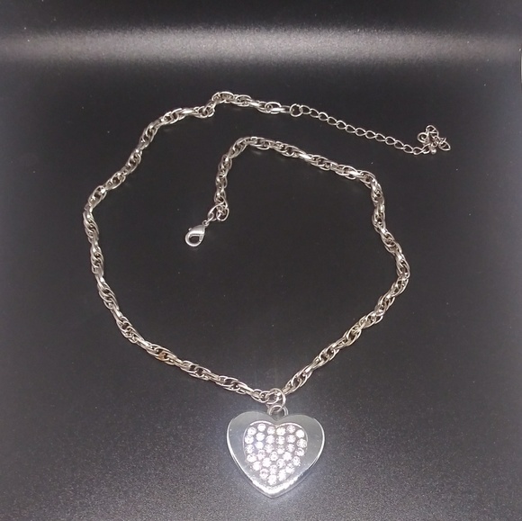 Stunning Silver Inlaid Pave Rhinestone Heart Necklace